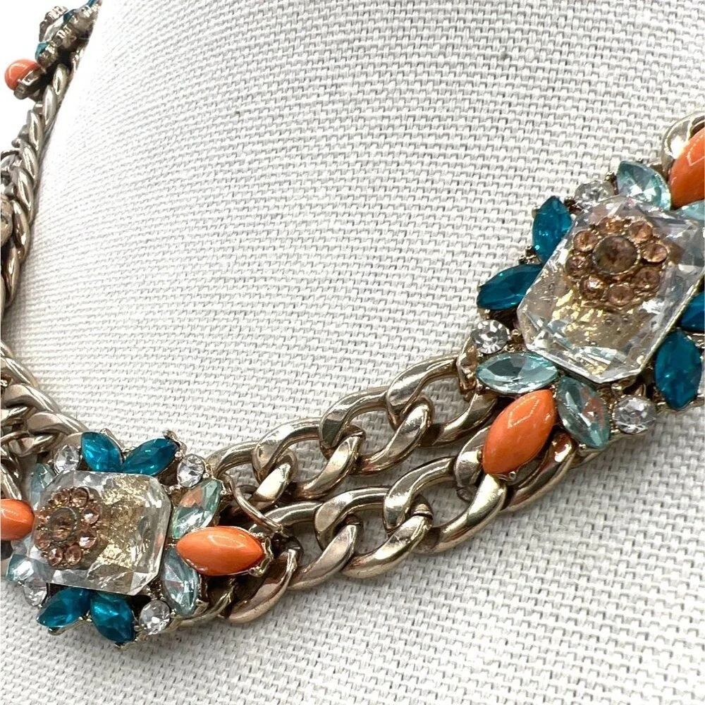 Double Chain Chunky‎ Rhinestones Necklace Orange Teal Gold Tone Biker Babe Funky